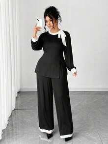 Elenzga Bộ 2 áo thun dài tay và quần dài co giãn cỡ lớn, trang phục mặc nhà và đi làm thường ngày - Đen và trắng - Xem 7