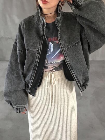 FRIFUL 女士纯色拉链长袖牛仔外套连帽衫