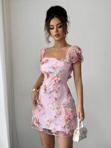 Elenzga Đầm ôm sát dáng suông, họa tiết hoa nhí kiểu tranh sơn dầu cổ điển, chất liệu lưới xuyên thấu, viền bèo nhún, thanh lịch và tôn dáng, thích hợp cho mùa xuân/hè. - Hồng - Xem 4