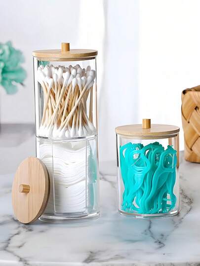 SHEIN 1 علبة تخزين عيدان القطن الشفافة مع حماية من الغبار، بتصميم أنيق وعصري، للاستخدام في غرفة المعيشة والنوم والحمام والمكتب والمنزل، حل تخزين على المكتب، تصميم أنيق وموفر للمساحة، حاوية شفافة متعددة الاستخدامات لديكور المنزل