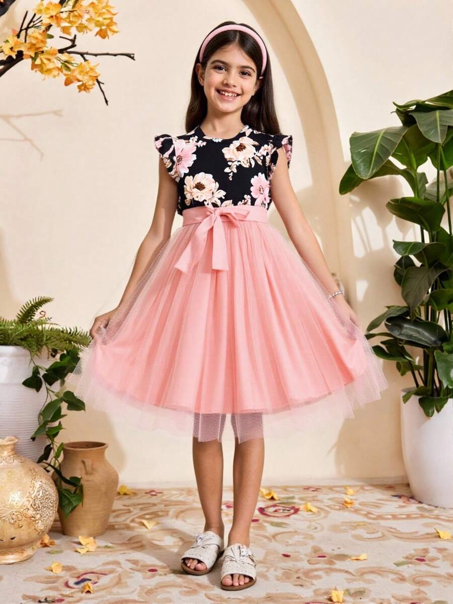 Tween Girl Floral Print Ruffle Trim Mesh Hem Dress,Holiday,Summer,Travel - Multicolor - View 1