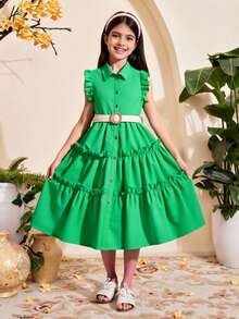 SHEIN Tween Girl 蕾丝边翻领前扣中长连衣裙，休闲和度假 - 綠色 - 查看 5