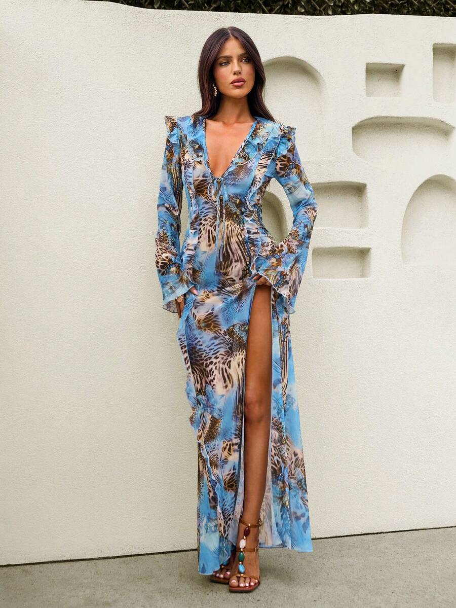 Bonvoyette Damen Mode Allover-Muster Lässig Kleid mit Schlitz-Saum und Langarm