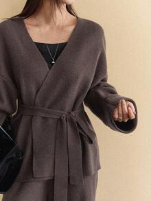 Dazy-Less 2pcs/Set Elegant Bowknot Knit Sweater Set For Women, Autumn/Winter Business Casual Woman - Coffee Brown - View 5