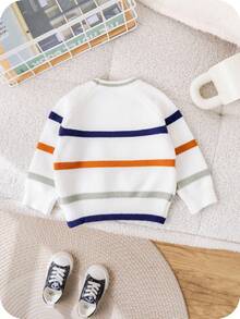 SHEIN Áo len chui đầu co giãn rộng rãi thoải mái, dễ thương, nhiều màu sắc, họa tiết sọc cho bé trai mùa thu/đông, thích hợp cho mùa tựu trường và tốt nghiệp - Nhiều màu - Xem 2