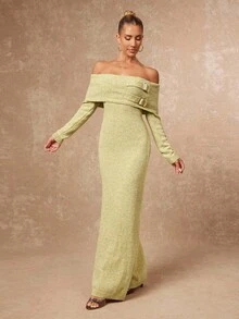 SHEIN Privé Herbst-Winter Feier Party Bankett bescheiden Altgeld Glitzer Feiertags Party Rave Festival Ausflug Urlaub Heiß Outdoor Reichlich geschichtetes Hochzeitssaison Bankett Volljährigkeitsfeier Damen Herbst Off-Shoulder langärmeliges figurbetontes elegantes Strickkleid mit Knopfdesign Off-Shoulder Abendkleid Salbeigrünes Abendkleid Limette Grünes Kleid Damen Langarm Luxus Abschlussball Eid Al-Adha Eid Al-Adha Party Neujahr - Grün - Übersicht 7