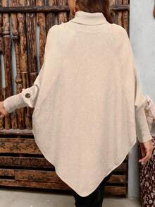 Women's Solid Color Knitted Button High Neck Batwing Long Sleeve Cape Style Fitted Elegant Sweater, Autumn/Winter - Apricot - View 2