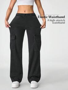 Flexra 女式松紧腰工装口袋阔腿宽松休闲牛仔裤 - 黑色 - 查看 1