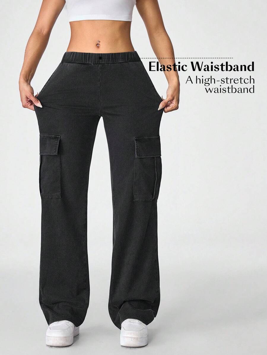 Flexra 女式松紧腰工装口袋阔腿宽松休闲牛仔裤 - 黑色 - 查看 1