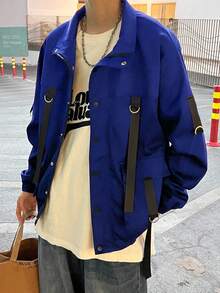 Claim Dot Loose Fit Men's Buckled Flap Pocket Drop Shoulder Jacket, Fall - Navy Blue - View 3