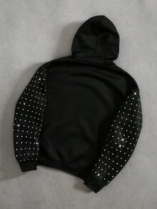 Manfinity Roghcode Men's Y2K Gothic Thermal Lined Hoodie,Black And Silver Star Rhinestone & Foil Print,Autumn,Streetwear,City Break Fall/Winter Glowmode Gift For Him - Black - View 4