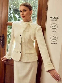 ZEYLAH Áo khoác nữ tay dài đệm vai thanh lịch màu be thời trang, cài nút đơn ở eo - Màu be - Xem 1