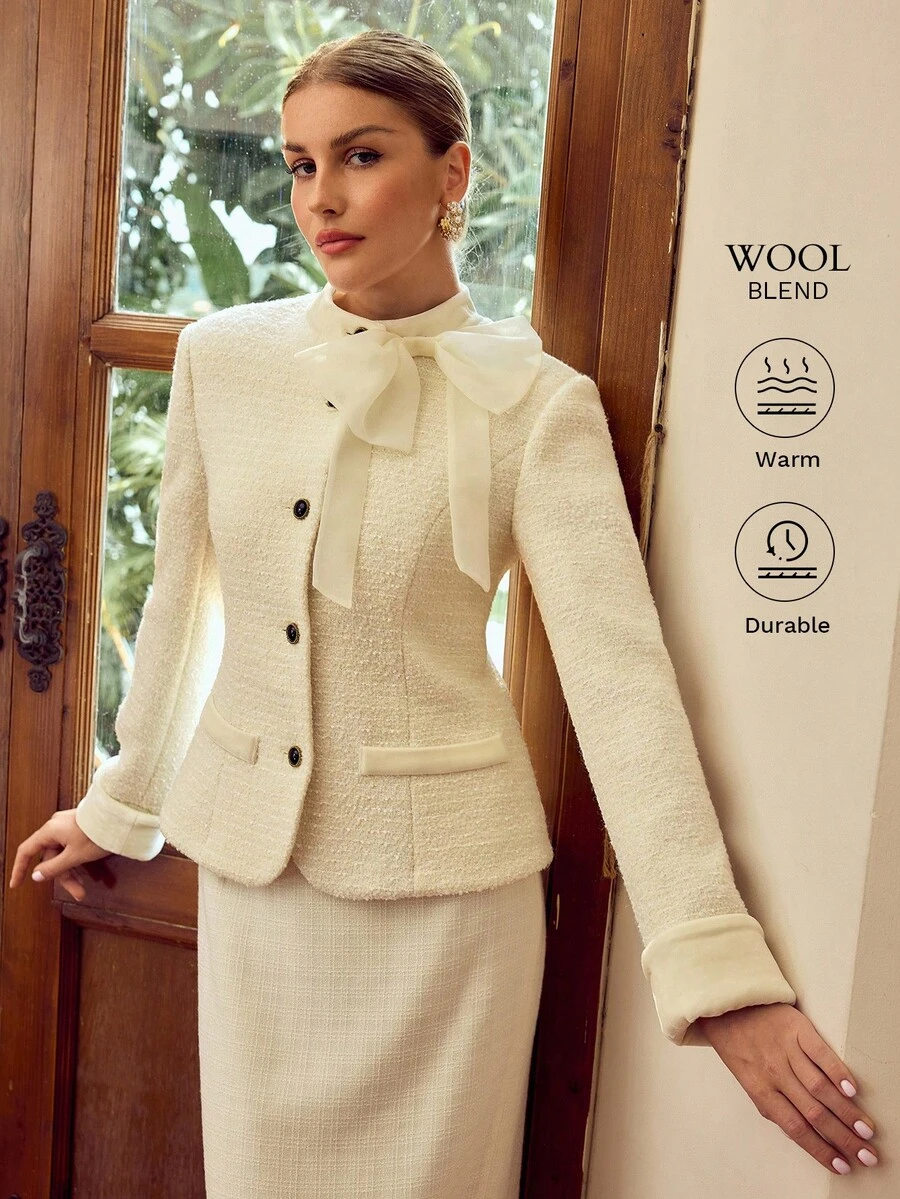 ZEYLAH Áo khoác nữ tay dài đệm vai thanh lịch màu be thời trang, cài nút đơn ở eo - Màu be - Xem 1