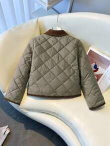 SHEIN 1 件女童菱形灯芯绒拼布领复古棉服外套，适合秋冬季 - 軍綠色 - 查看 2