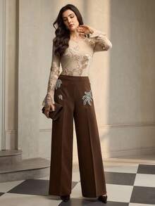 ZEYLAH 3D Floral Round Neck Solid Color Mesh Patchwork Fitted Flare Sleeve Top - Champagne - View 5