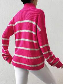 EURMUSE Striped Pattern High Neck Drop Shoulder Sweater - Red - View 2
