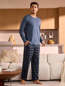 Manfinity Underwear&Sleepwear Basics 男士纯色圆领长袖上衣和格子裤睡衣套装，格子家居服，男士睡衣，秋冬服装 - 寶藍色 - 查看 4