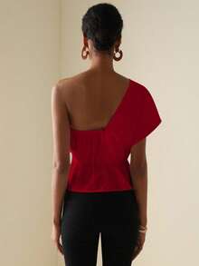 Vesra 女式纯色扭结腰部设计时尚衬衫 - 紅色 - 查看 2