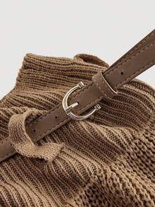 SHEIN MOD Women's Camel Knitted Knit High Waist Cinched Waist A-Line Skirt With Belt,Halloween,Christmas,Brown Skirt, Knit Skirt,Fall / Winter Clothes For Women,Going Out Skirt,Chic,Country, Belt Skirt, Brown Knit Skirt, Midi Skirt - Camel - View 4