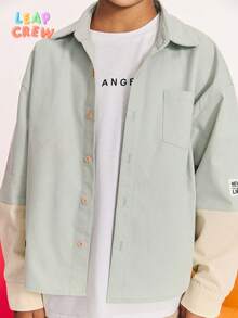 SHEIN Tween Boy Casual 2-In-1 Long Sleeve Shirt,Beige,Autumn,Streetwear,School,Back-To-School,Loose Lapel,Stylish Tag Fashionable Wear,Solid Color,Teenager - Mint Green - View 3