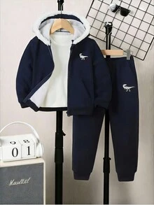 2 件套可爱卡通印花拉链连帽衫夹克和裤子套装，休闲街头滑板舒适秋冬，圣诞节 - 寶藍色 - 查看 3