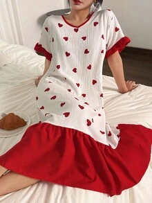 SHEIN Color Block Ruffle Trim Red Heart Print V-Neck Short Sleeve Nightgown, Moo Moo Night Dress - Red - View 6