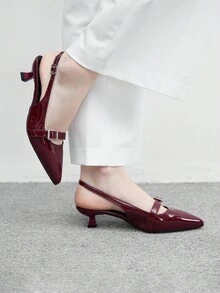 CUCCOO BIZCHIC Pointed Toe Kitten Heel Burgundy Women's Fashion Backless Low Heel Pumps, Versatile For Daily Wear And Commuting