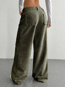 SHEIN Unity Pantalones de pana de pierna ancha de color verde primavera para mujer, pantalones rectos de cintura baja y sueltos con bolsillos delanteros y traseros, ropa urbana, festivos - Verde militar - Ver 2