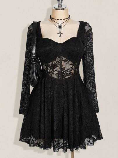 SHEIN ICON Plus Size Sweetheart Collar Lace Patchwork Dress, Waist Sheer Lace Midi Dress, Y2K Style Black Lace Dress Gothic Dress