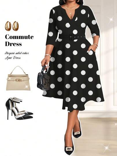 Fleurora 大码连衣裙 女士秋季服装 秋冬优雅休闲复古办公室波尔卡圆点黑白V领连衣裙 A字裙 圣诞女装 女士婚礼宾客礼服 外出服装 女士优雅连衣裙 女士乡村服装 女士乡村连衣裙