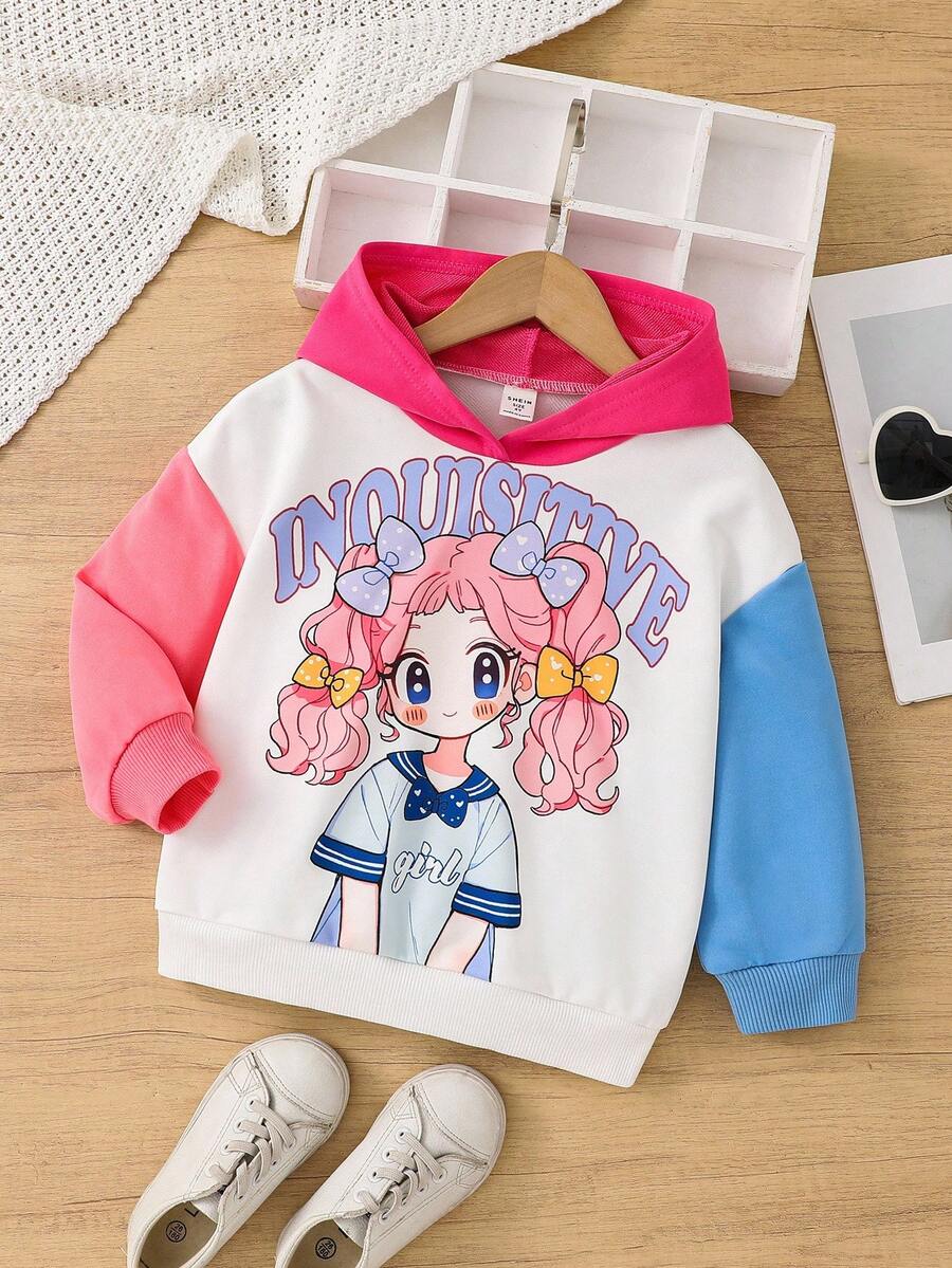 Young Girl Contrast Color Hooded Loose Casual Sweatshirt Fall Winter - Blue - View 1
