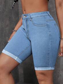 SHEIN ICON Shorts vaqueros elásticos ajustados de talla grande color azul claro para uso casual y de vacaciones