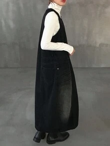 FRIFUL 女式休闲宽松牛仔双口袋连衣裙 - 藍色 - 查看 2