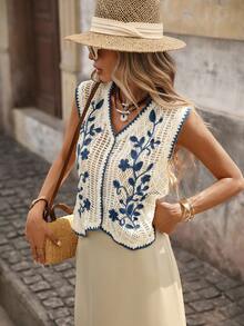 Brillora Women's Floral Embroidery Hollow Out Single-Breasted Casual Knit Vest Autumn Winter Clothes For Women