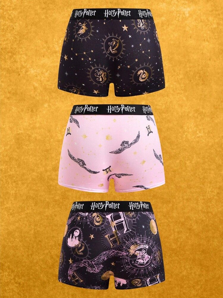 HARRY POTTER X SHEIN Celana Pendek Wanita Modis Ukuran Plus dengan Motif Blok Warna di Seluruh Permukaan - Berwarna merah muda - View 2