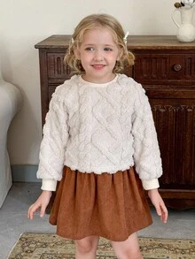 LMoss Kids LMoss 女童纯色圆领休闲卫衣，女童秋季服装，儿童秋季连衣裙，圣诞节，冬季服装，套头衫，圣诞毛衣，舒适秋冬装，温暖秋冬风格，长袖上衣 - 杏色 - 查看 4