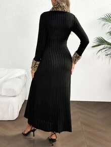 SHEIN 豹纹拼布兔毛针织孕妇装，复古优雅高端修身经典黑领连衣裙 - 黑色 - 查看 2