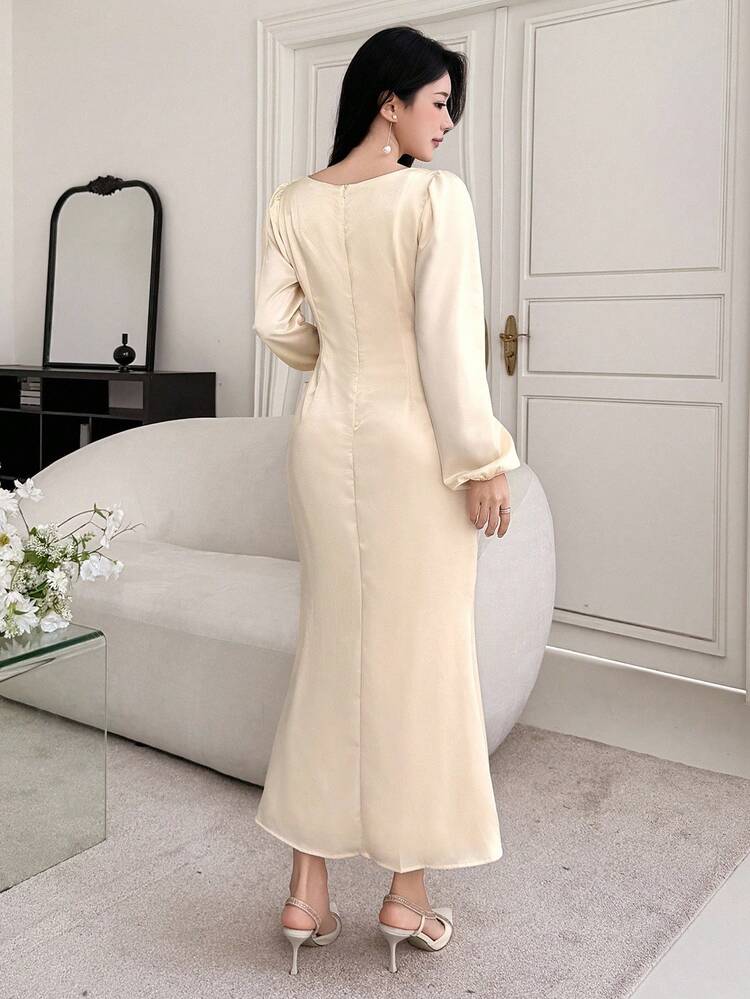 Women's Elegant Split Neckline Mid-Length Dress, Autumn