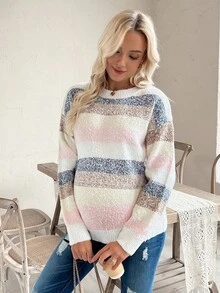 SHEIN Maternity Drop Shoulder Striped Casual Knit Pullover Sweater - Multicolor - View 5