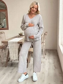 SHEIN 孕妇纯色 V 领落肩麻花针织休闲毛衣套装 - 杏色 - 查看 7