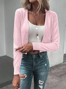 SHEIN LUNE 女式纯色V领插肩袖短款休闲开衫 - 淺粉色 - 查看 6