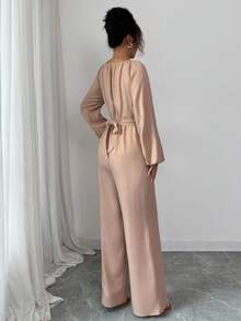 Rafferiza 女士优雅通勤木珠装饰圆领扭腰长袖阔腿连体裤 - 卡其色 - 查看 3