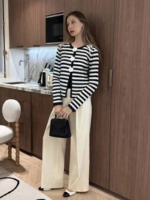 Chiquease Black & White Striped Knit Cardigan, Lightweight Sweater Jacket For Spring/Summer Fall Winter Cloth For Women - Black and White - View 6