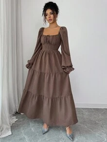 Rafferiza Almamuse 女士优雅休闲方领短款泡泡袖纯色长款吊带连衣裙，适合春秋季日常休闲、度假和婚礼，休闲可爱性感西式服装，完美适合乡村音乐会服装 - 咖啡棕 - 查看 4