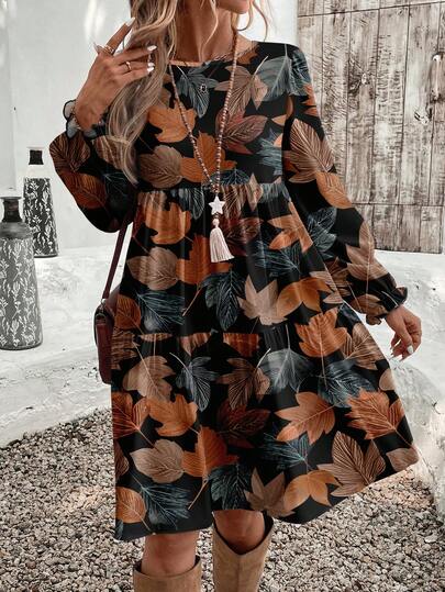 EMERY ROSE Vestido de mujer de longitud media con estampado de hojas de arce de otoño de estilo elegante y casual, con estampado floral retro