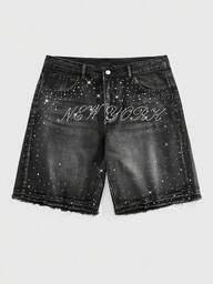 ROMWE MEN Street Life Pantalones cortos vaqueros casuales con adornos de strass y dobladillo deshilachado para hombres