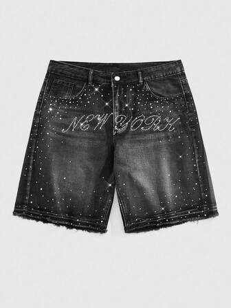Street Life Men's Rhinestone Embellished Frayed Hem Casual Denim Shorts