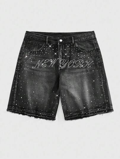 Street Life Herren Denim Shorts mit Strass-Verzierung und ausgefranstem Saum