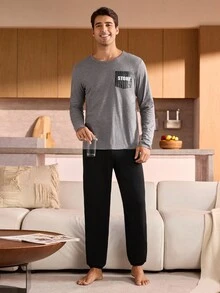 SHEIN Men's Cotton Crew Neck Long Sleeve Top & Pants Pajama Set, Fall Winter Clothes Men Lounge Set Sleep Wear Men