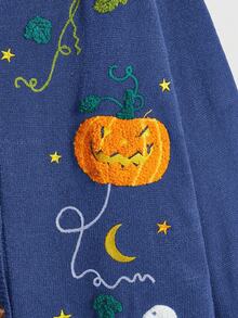 ROMWE Fairycore Áo len cardigan thêu hình bí ngô, ma, mặt trăng cỡ lớn dành cho nữ phong cách Halloween Cottagecore - Màu xanh lam - Xem 2